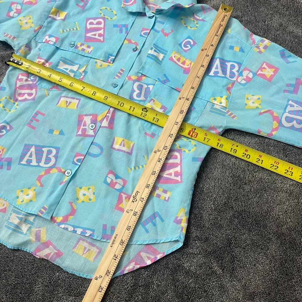90's Vintage Land n Sea Kids Alphabet Block Print Button Down Shirt Blue Size 12